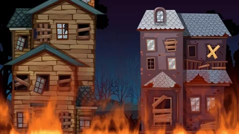 Animated Cartoon Fire Burning in Front of Abandoned Haunted Houses Stock Footage 339754492