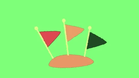 Animated cartoon flags rising and changing size in a row against a bright green Stock Footage 346122067