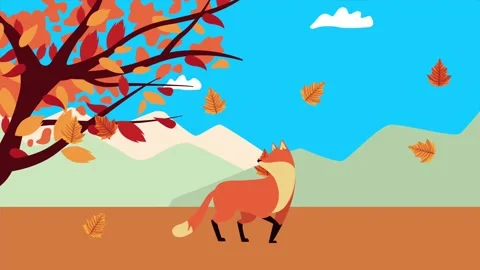 Animated cartoon fox walking under autumn tree with falling leaves in lands.. 스톡 동영상 338421360
