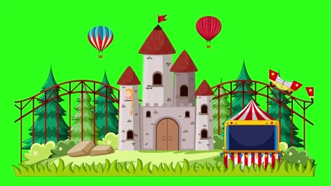 Animated Cartoon Fun Park with Castle and Rides on Green Screen Stock Footage 330565657