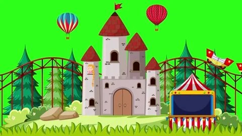 Animated Cartoon Fun Park with Castle and Rides on Green Screen Stock Footage 335197191
