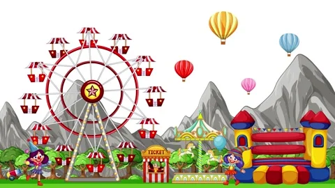 Animated Cartoon Fun Park with Ferris Wheel and Bouncy Castle Stock Footage 335197145