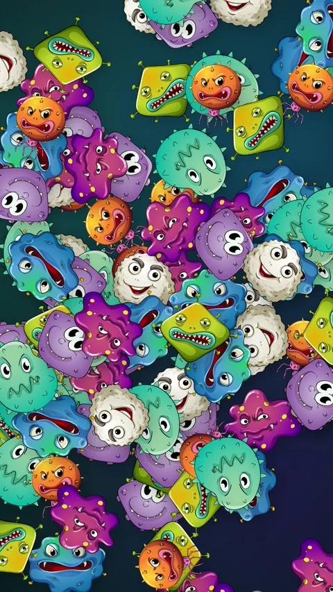 Animated Cartoon Germs and Bacteria Falling on Dark Mesh Background Stock Footage 342099842