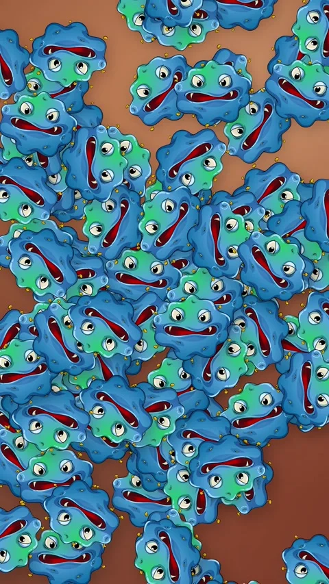 Animated Cartoon Germs Falling Over a Brown Mesh Background Stock Footage 341558685