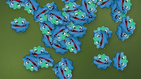 Animated Cartoon Germs Falling Over a Green Mesh Background Stock Footage 342237240