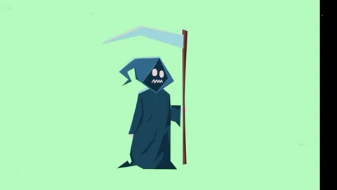 Animated cartoon grim reaper character standing holding scythe against simple Stock-Footage 346041593