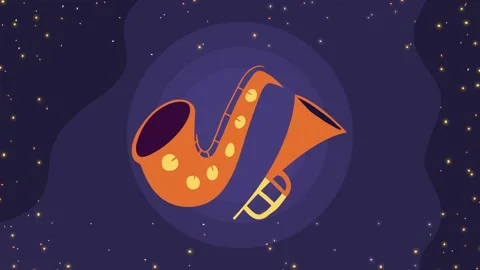 Animated cartoon jazz instruments saxophone and trumpet dance in dark starr.. Stock Footage 333605738