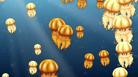 Animated Cartoon Jellyfish Floating in Deep Blue Underwater Ocean Stock Footage 345311354