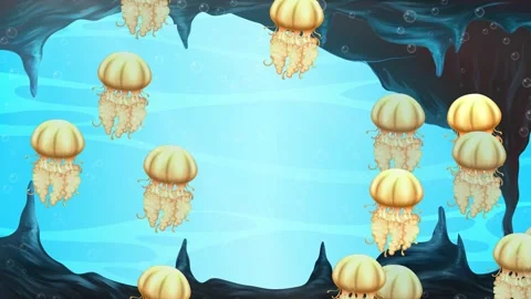 Animated Cartoon Jellyfish Floating Through a Deep Blue Underwater Cave Stock Footage 342211472