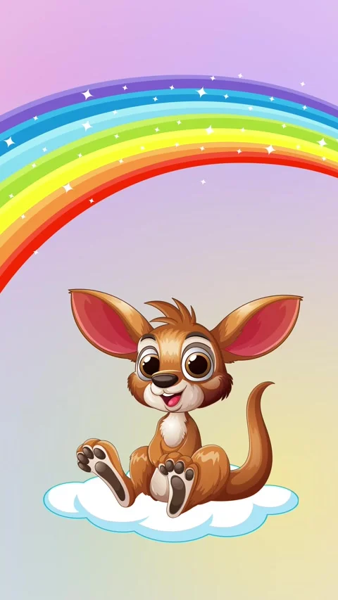 Animated Cartoon Kangaroo Sitting on Cloud Under a Colorful Rainbow Stock Footage 341378612