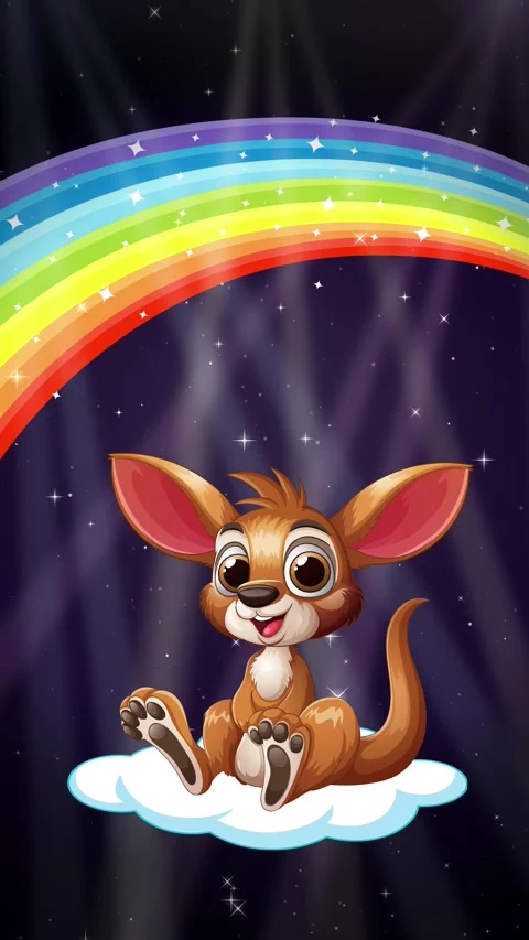 Animated Cartoon Kangaroo Sitting on Cloud Under Rainbow and Stars Stock Footage 342470905