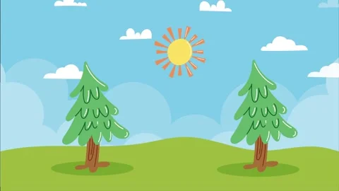 Animated cartoon landscape featuring green pine trees and sunny sky with mo.. Stock Footage 339216852