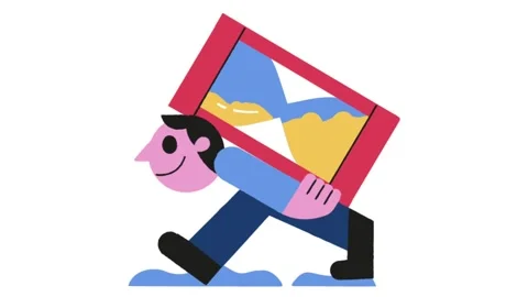 Animated cartoon man walking while carrying a large hourglass frame on his back Stock Footage 323351024