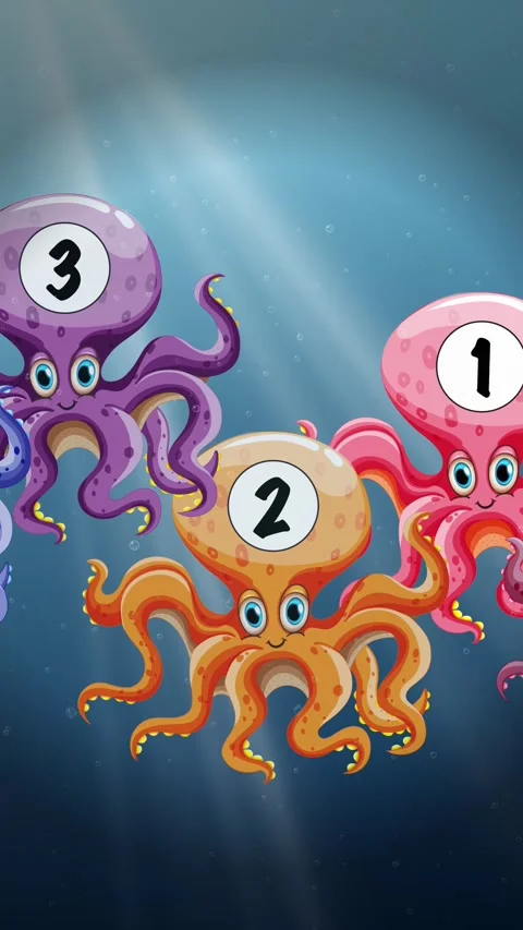 Animated Cartoon Octopuses with Numbers Floating in Deep Blue Ocean Stock Footage 341461672