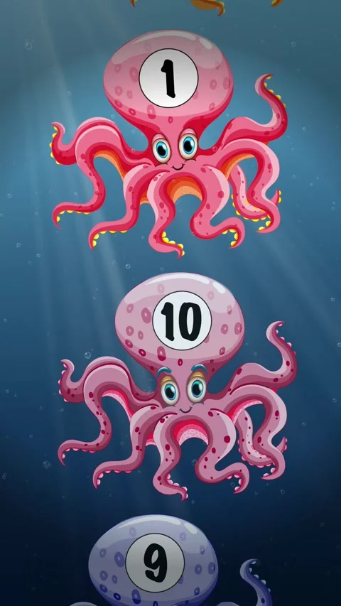 Animated Cartoon Octopuses with Numbers Sinking Underwater in Vertical Loop Stock Footage 339992768