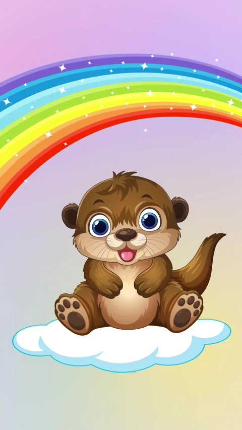 Animated Cartoon Otter Sitting on Cloud Under Colorful Rainbow Stock Footage 340758536