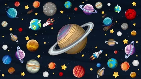 Animated cartoon outer space background with colorful planets stars and roc.. Stock Footage 332645752