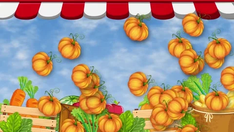 Animated Cartoon Pumpkins Falling Across Farmer Market Stall Outdoors Video stock 346569973