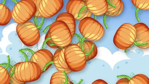Animated Cartoon Pumpkins Falling Against a Blue Sky with White Clouds Stock Footage 339121546