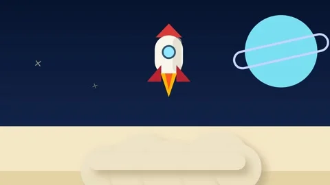 Animated cartoon rocket blast off into cosmic space passing a celestial plane Stock Footage 336805069