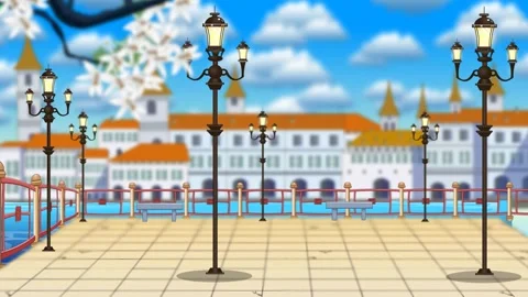 Animated Cartoon Scene of Lantern Square with European Style Buildings Stock Footage 278340653