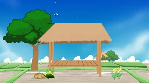 Animated Cartoon Scene of a Rustic Hut in a Lush Green Rice Field Stock Footage 278340380