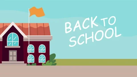 Animated cartoon school building with back to school text appearing against.. Video stock 339063541