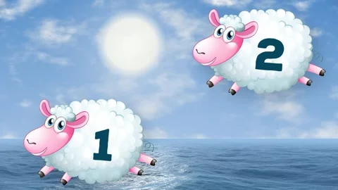 Animated Cartoon Sheep with Numbers Floating Over Ocean Background Stock Footage 344231148