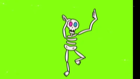 Animated cartoon skeleton character dancing joyfully against a bright vibrant Stock Footage 346041309
