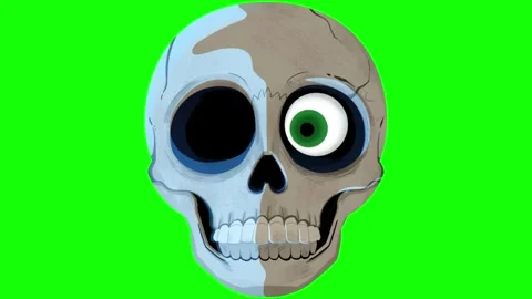 Animated cartoon skull character with single green eyeball rotating against Stock Footage 340610737