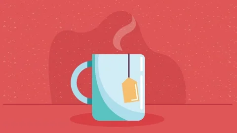 Animated cartoon style tea cup with steaming herbal infusion on red backgroun 動画素材 339086138