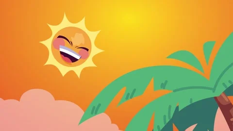 Animated cartoon sun smiling in bright summer sky with palm tree leaves. Vídeo Stock 338422930