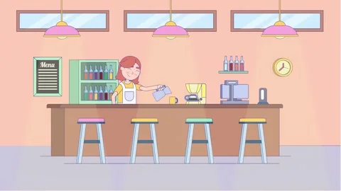 Animated Cartoon Waitress Working At Cafe Bar Pouring Coffee Vidéo 305236268