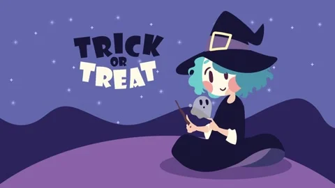 Animated cartoon witch with ghost and trick or treat text appears on starry.. Stock Footage 333546866