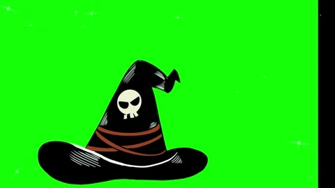 Animated cartoon witch hat with skull icon floating against a bright solid Stock Footage 346041699