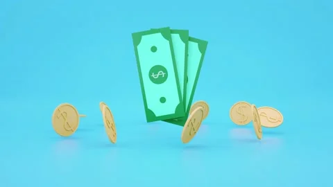 Animated Cash dollar bills and floating coins around video illustration. money Stock Footage