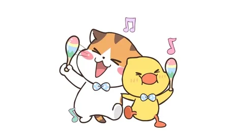 Animated Cat and Duck Dancing Together on White Background Stock Footage 282781677