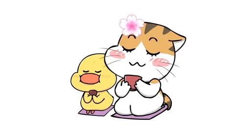 Animated Cat and Duck Drinking Japanese Tea - White Background Stock Footage 282777965