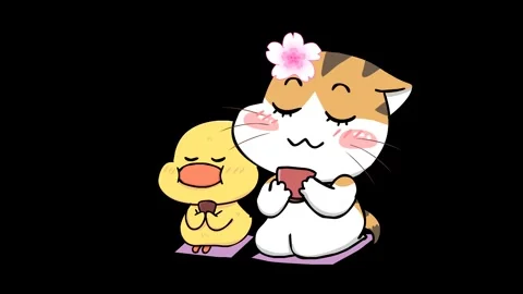 Animated Cat and Duck Drinking Japanese Tea - Transparent Background Stock Footage 282778086