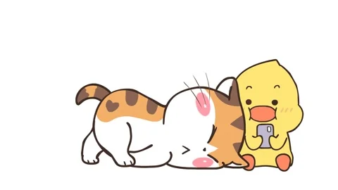Animated Cat Attracting Duck's Attention with White Background for Video Stoc Stock Footage 282781672