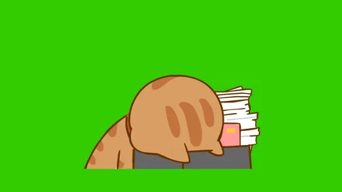 Animated Cat Exhausted Lying on Work Desk - Green Screen Stock Footage 282774804