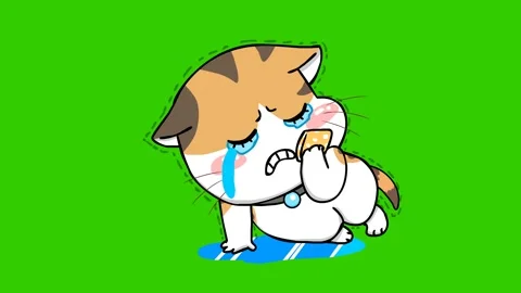Animated cat sitting and crying with a handkerchief - Green Screen Stock Footage 282777998