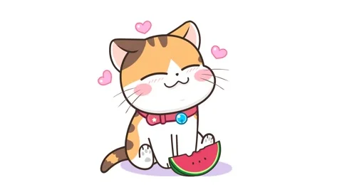 Animated Cat with Watermelon - White Background Stock Footage 282782721