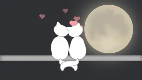 Animated cats with hearts flying above them against the backdrop of a full moon. Stock Footage 280257548