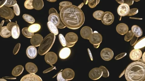 An animated CGI footage featuring a mesmerizing cascade of hundreds of $1 coins Stock Footage 234103066