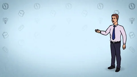 Animated Character Boss stands and says, curve contour, Blue background Stock Footage