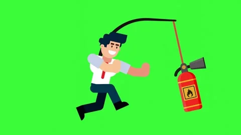 Animated Character Chasing Fire Extinguisher for Emergency Preparedness Vídeos de archivo 318495225
