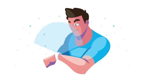 Animated character checking time on futuristic smart watch device. Stock Footage 338316591
