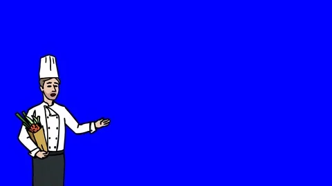 Animated Character Chef stands and says, curve contour, blue screen Stock Footage 77282386