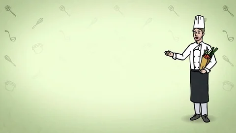 Animated Character Chef stands and says, curve contour, green background Stockbeeldmateriaal 77282758